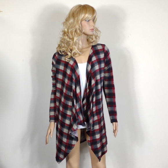 Women's Grace & Emma Medium tan & burgundy plaid waterfall open front ca… - Picture 1 of 9